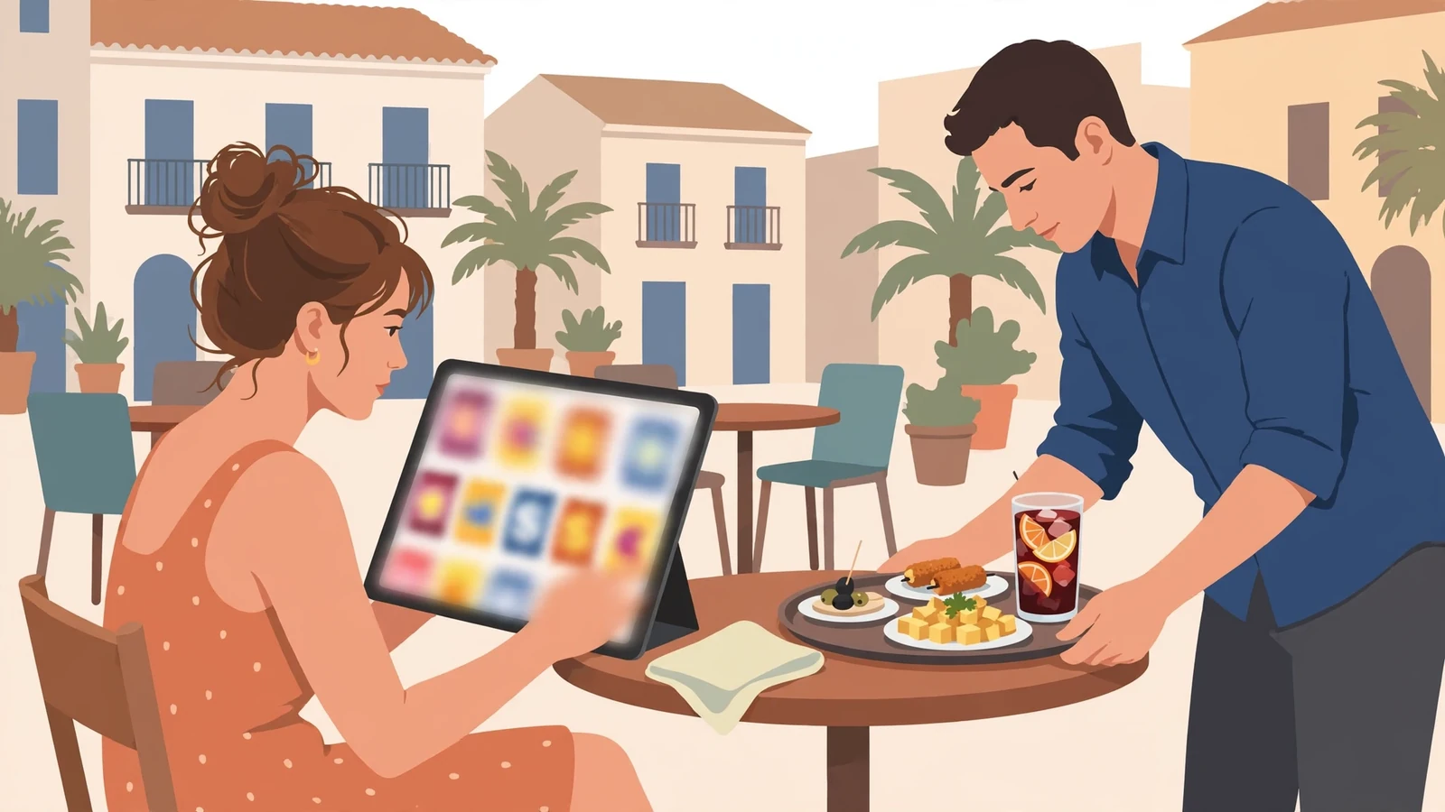 Café español con mujer y símbolos de tragamonedas difuminados