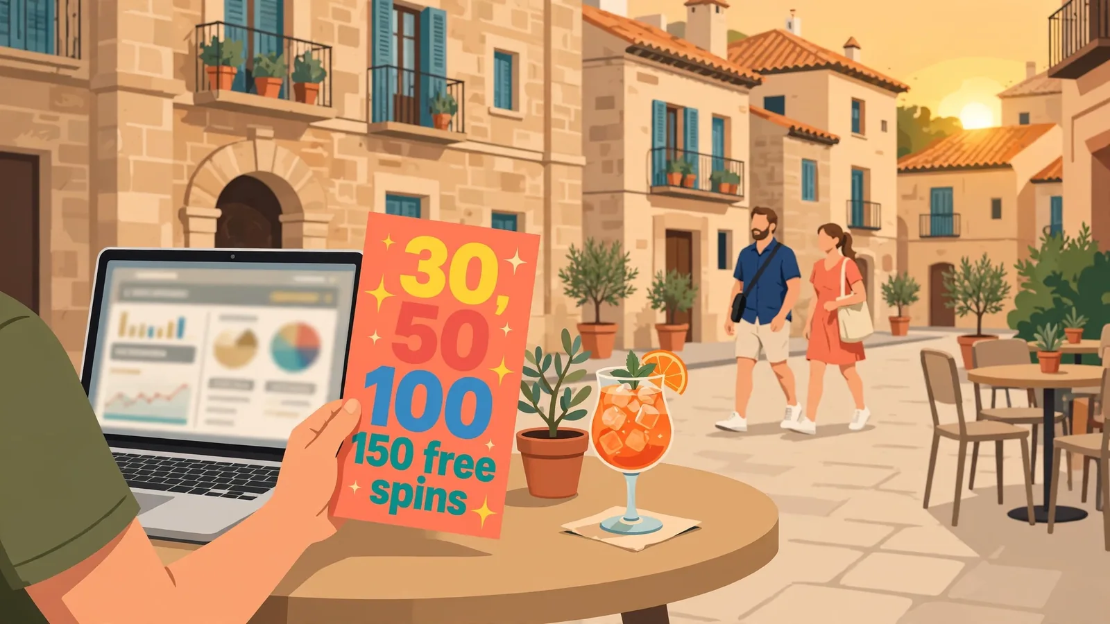 Café español al atardecer con laptop y folleto de tiradas gratis