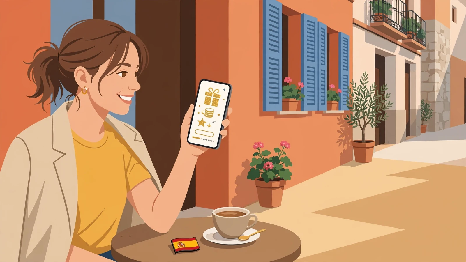 Mujer joven en café español con smartphone y bonificación de casino
