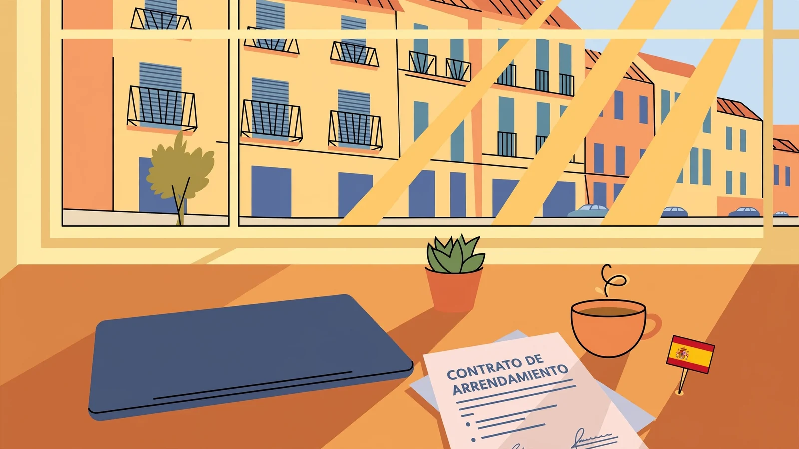 Escritorio moderno con laptop, contrato y bandera española bajo luz cálida
