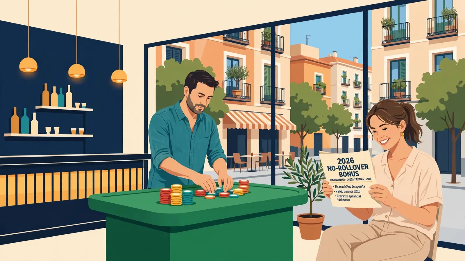 Lounge de casino español con fichas, luz cálida y folleto de bono sin rollover 2026
