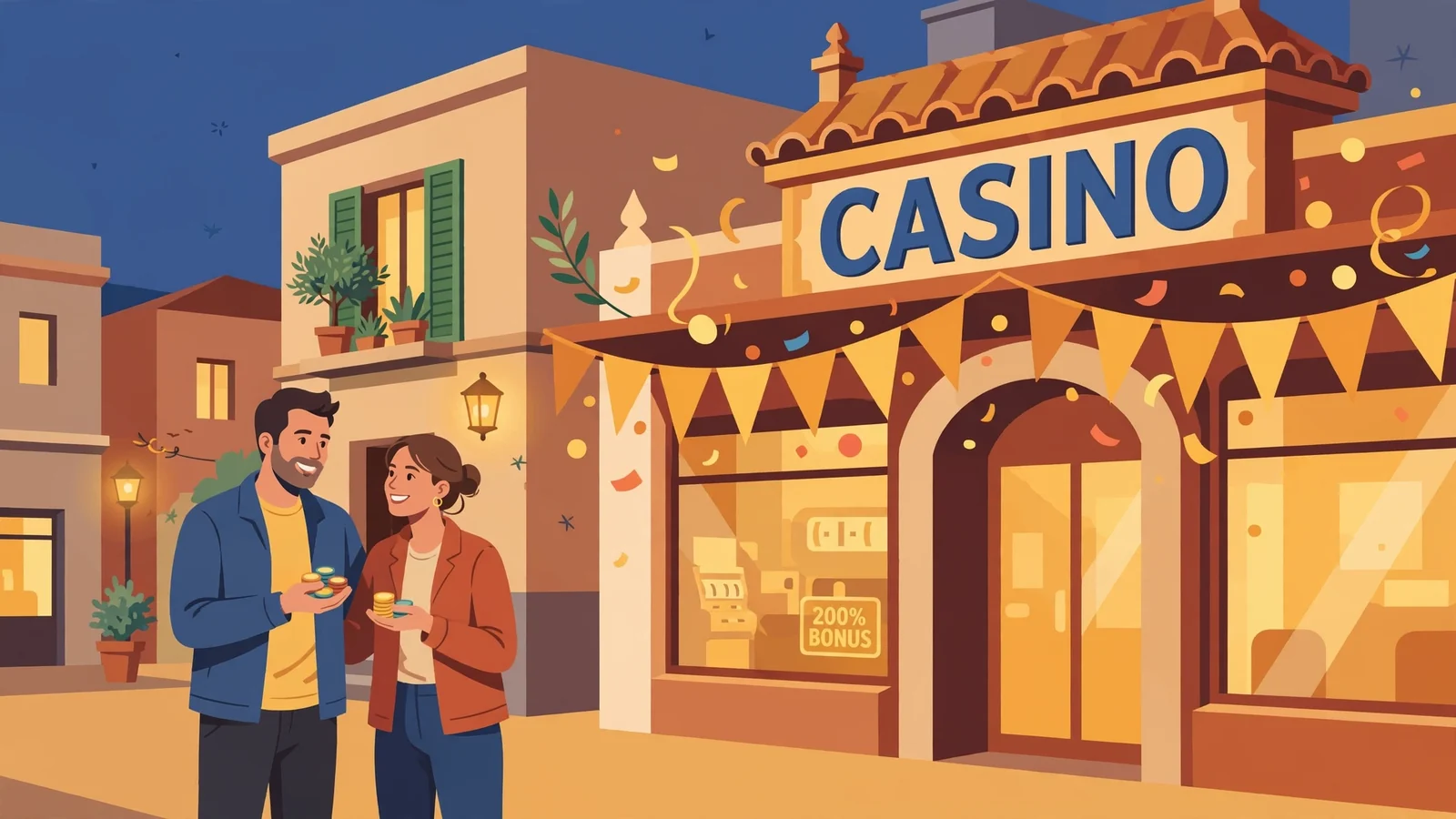 Escena nocturna en una calle española con casino y fichas