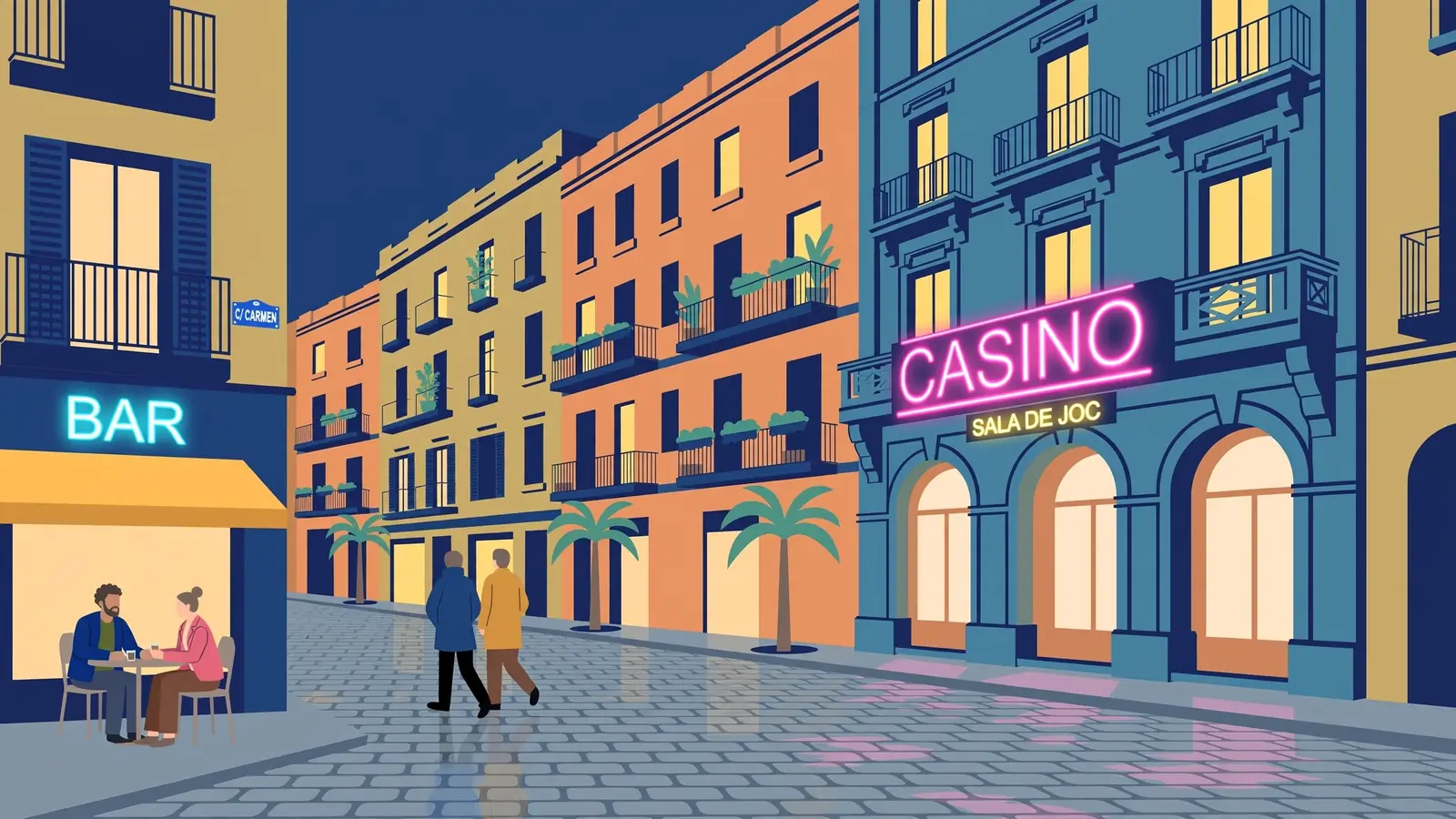 Fachada de casino en una calle nocturna de Barcelona iluminada.