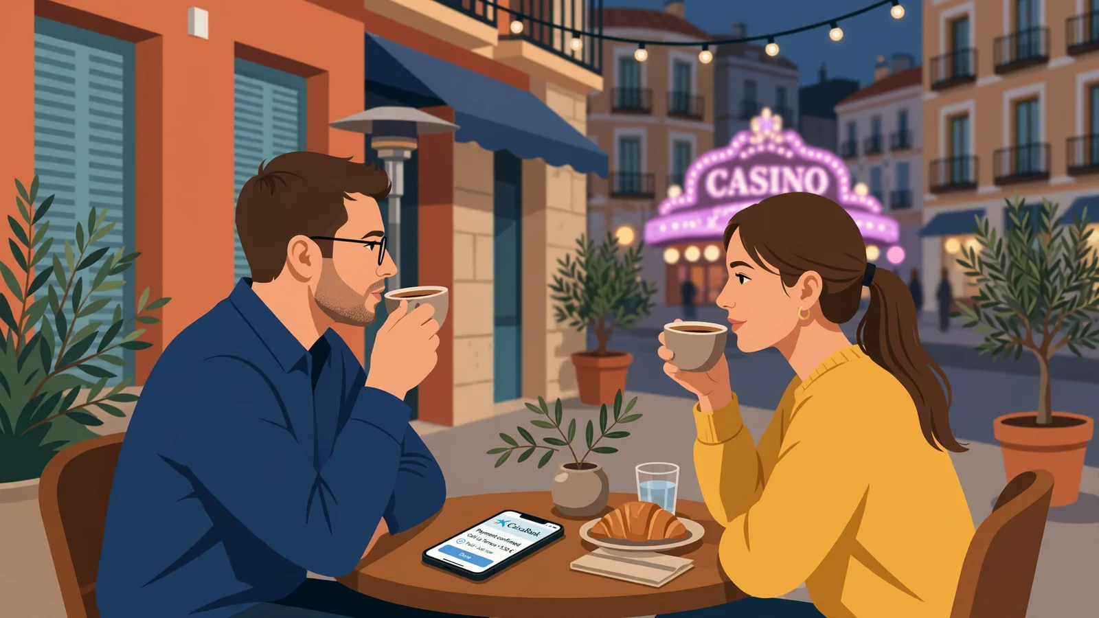 Pareja joven pagando con app en café español al atardecer