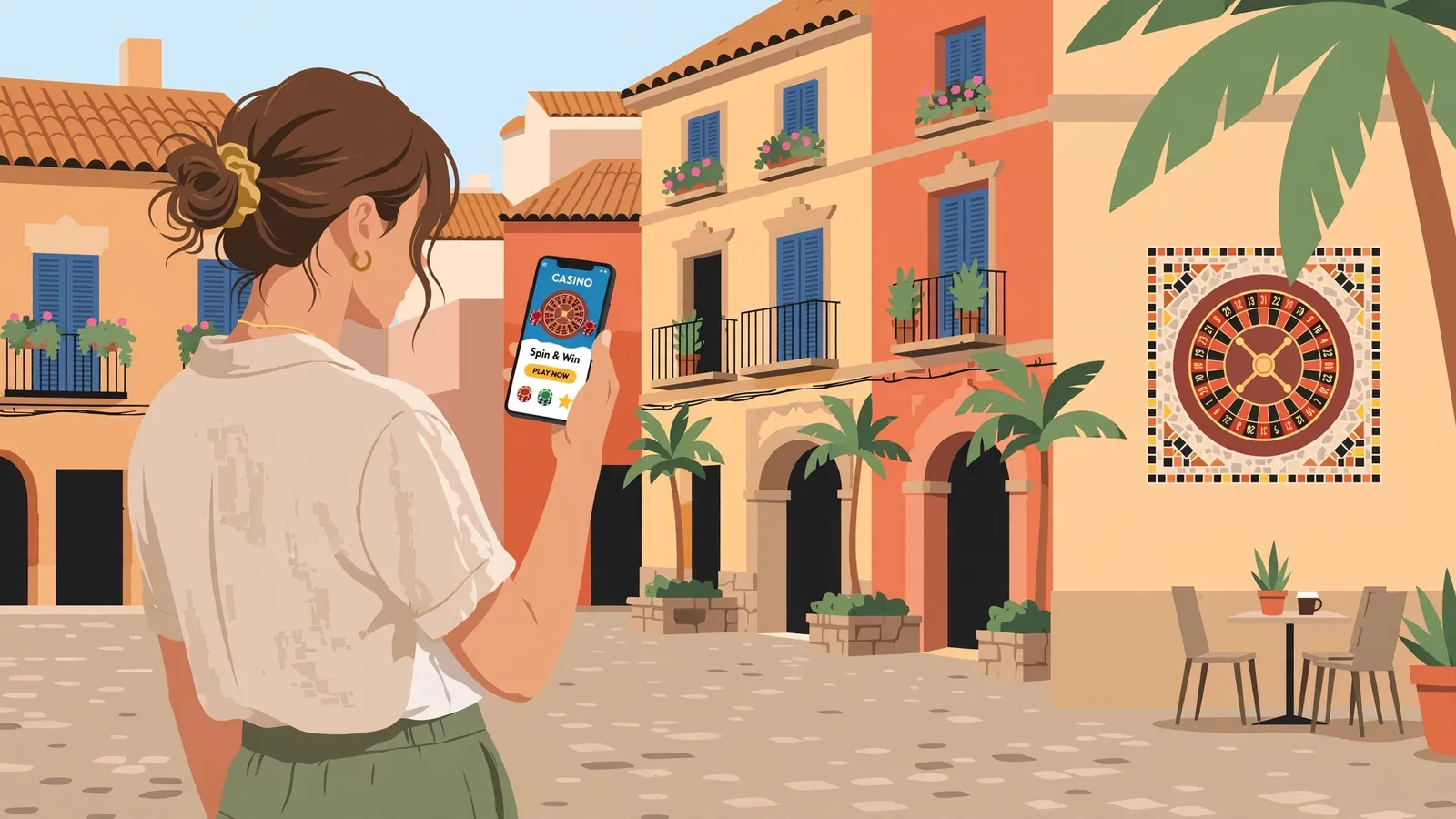 Mujer en plaza española mirando aplicación de casino en su móvil