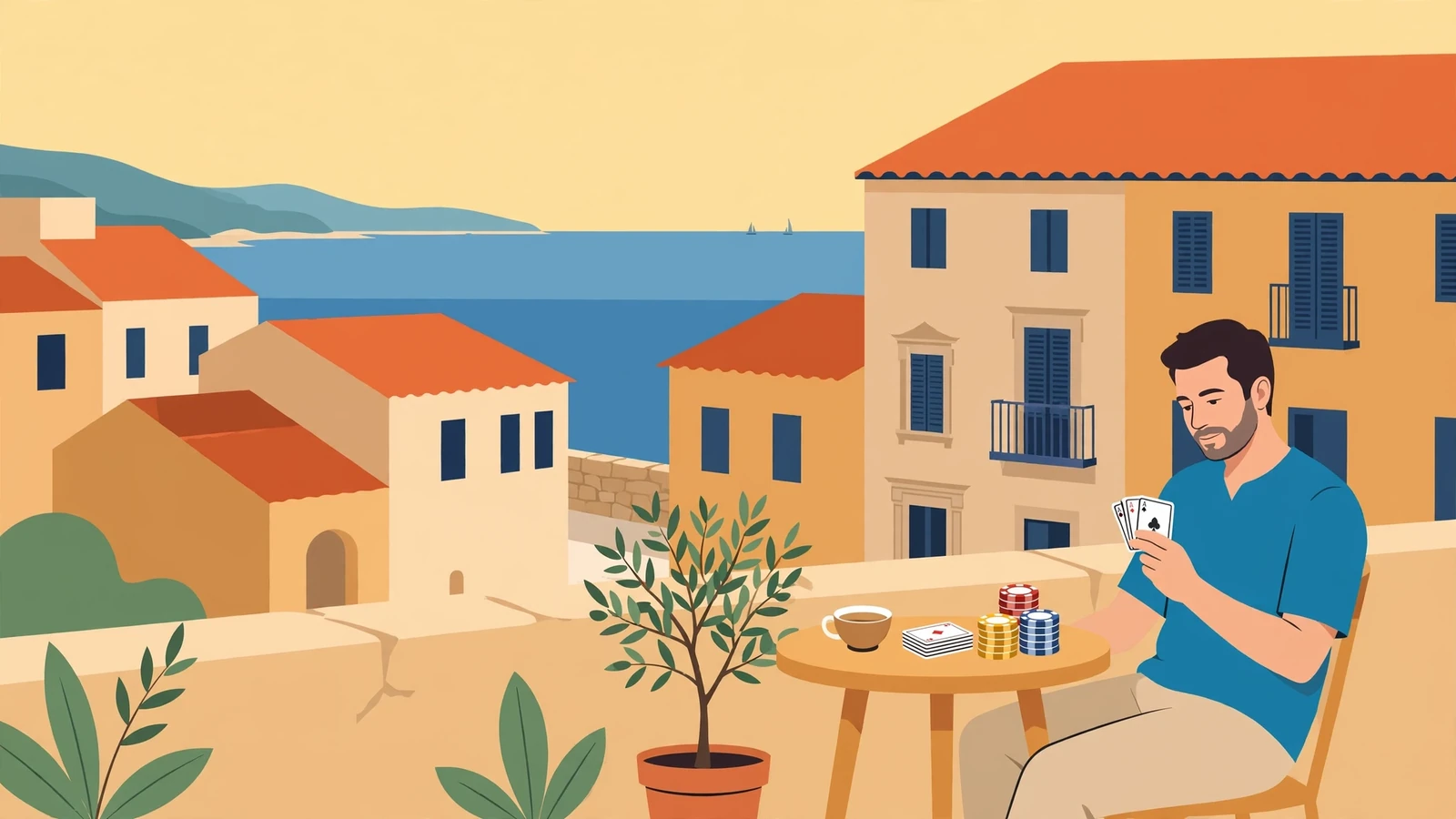 Terraza maltese con cartas y fichas de casino bajo luz de tarde