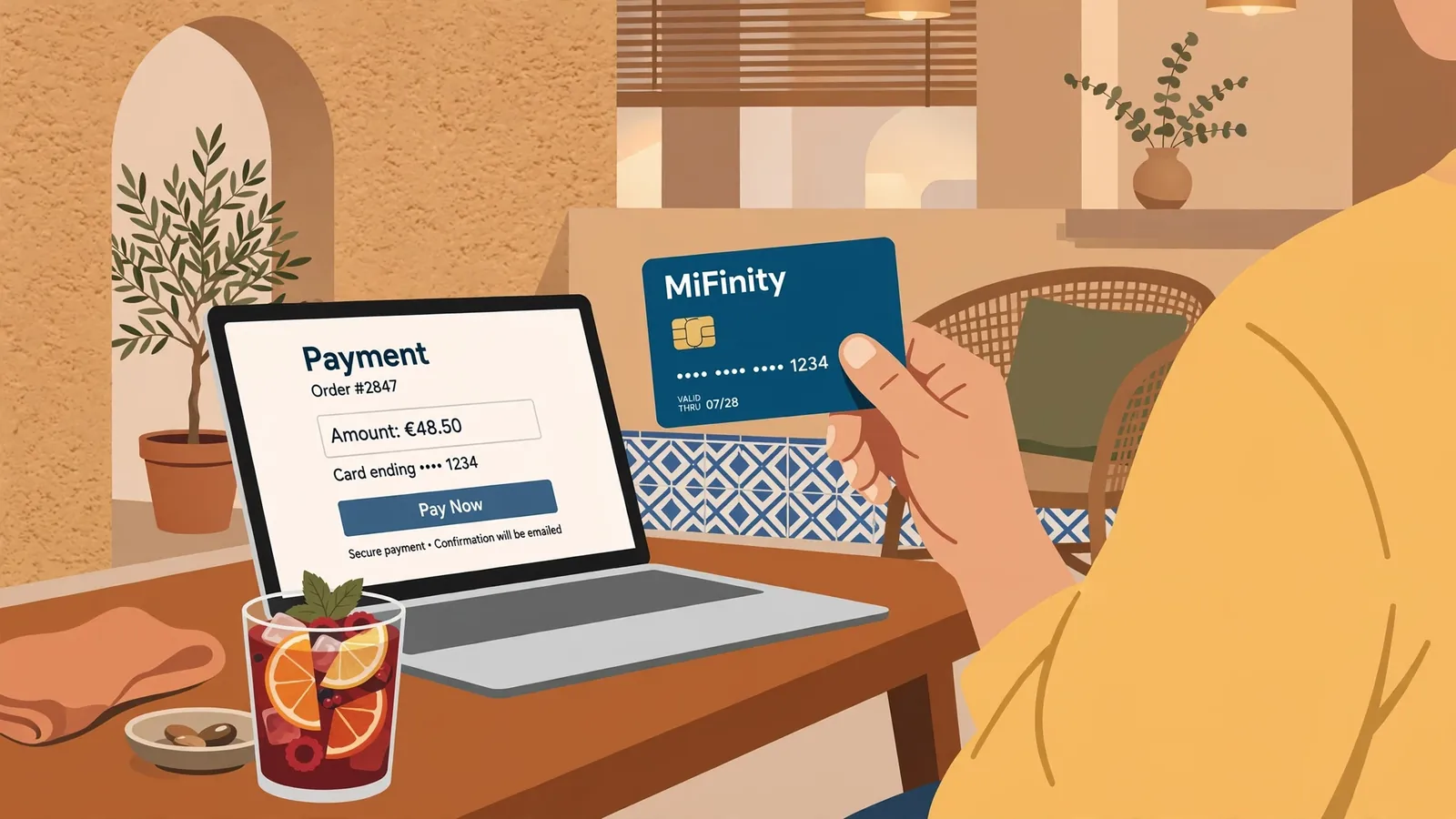 Sala española con laptop y tarjeta MiFinity sobre mesa