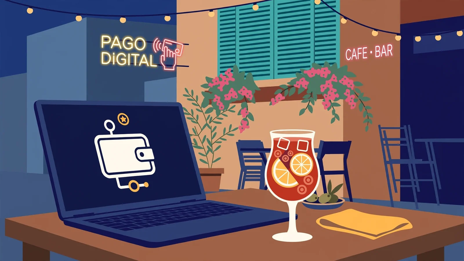 Terraza de café español con laptop y símbolo de criptomoneda