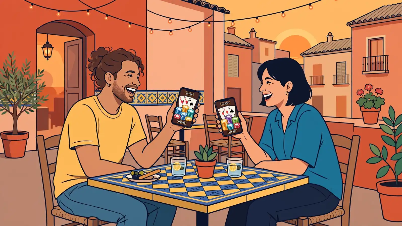Pareja en terraza española usando teléfonos con fichas de casino