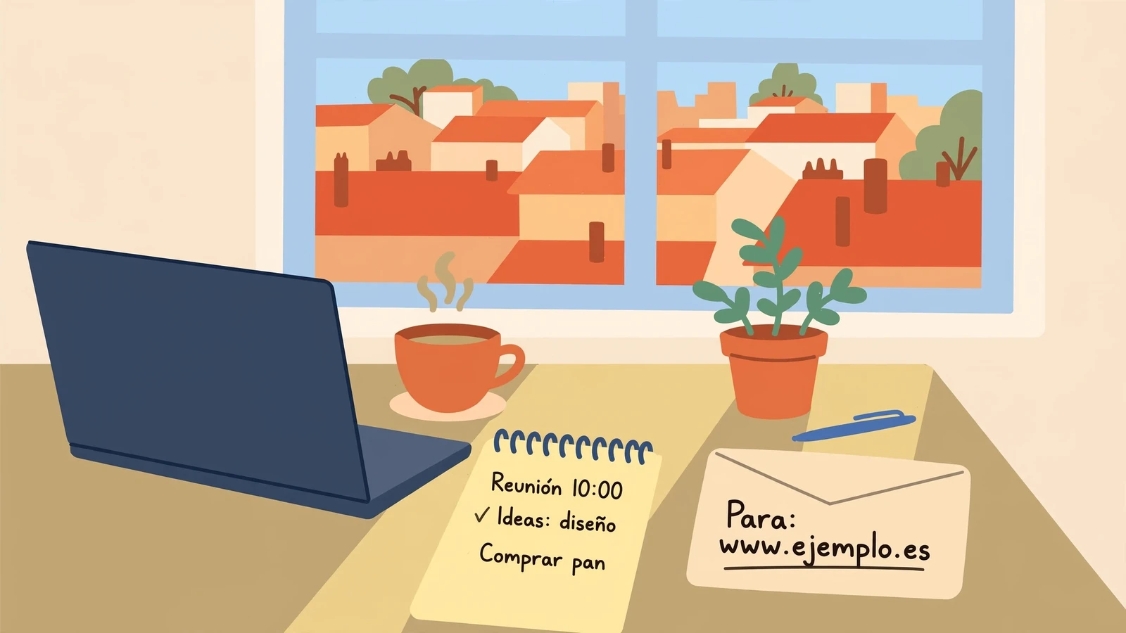 Escritorio acogedor en Madrid con taza y sobre.