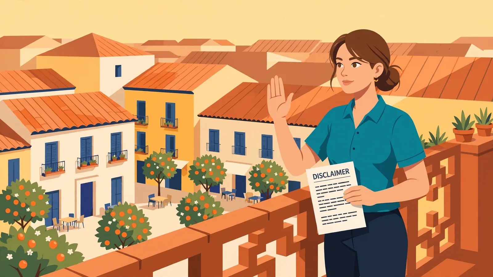 Mujer en balcón español con documento de descargo