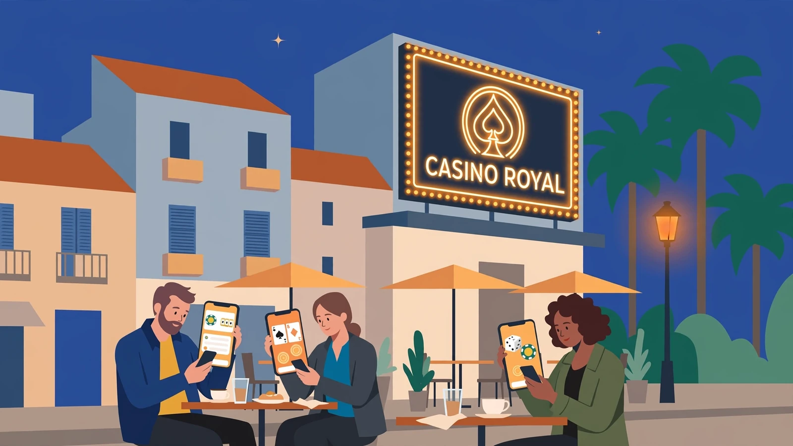 Calle española con cartel de casino y gente usando apps móviles