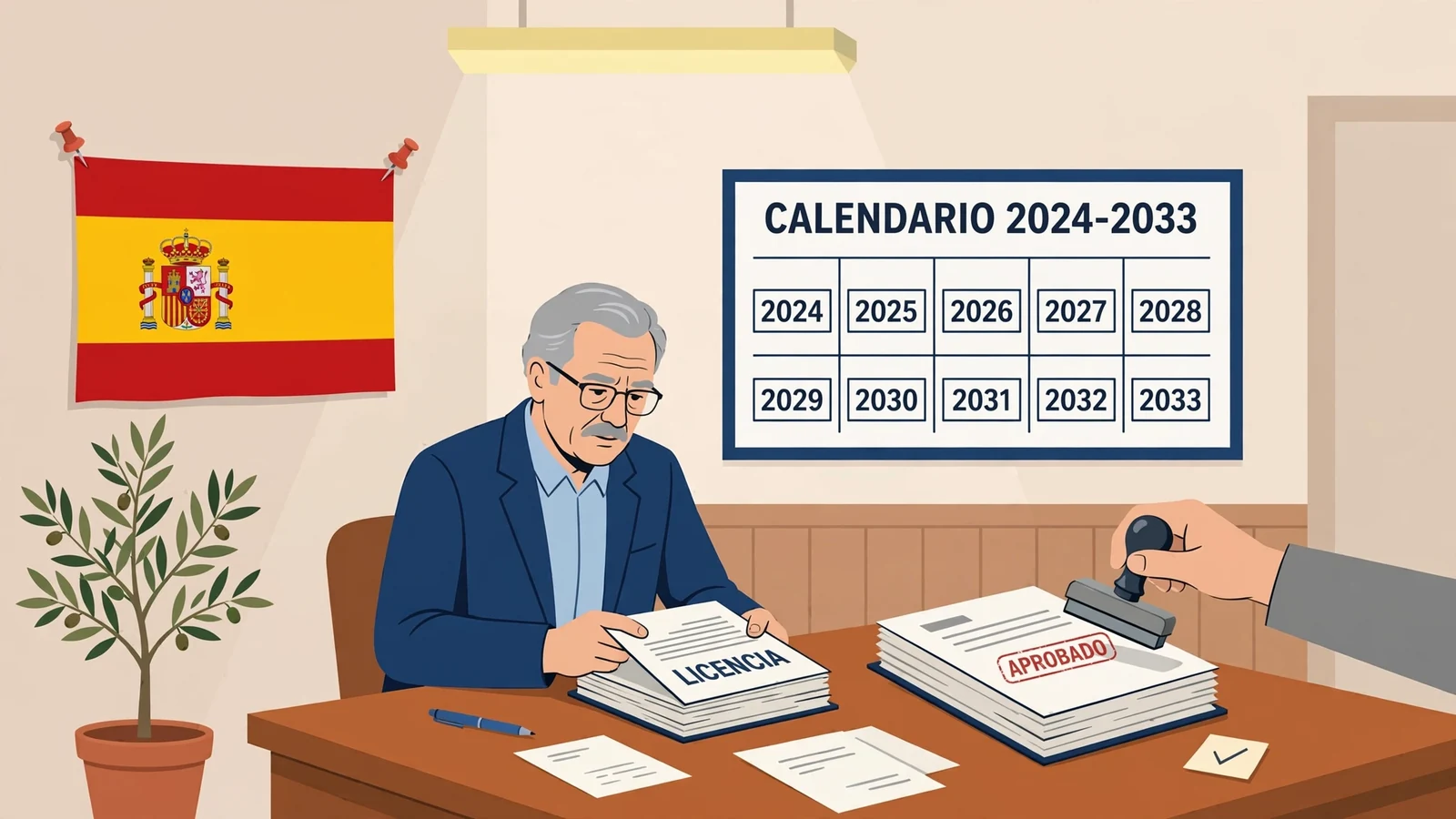 Oficina con documento de licencia y sello oficial