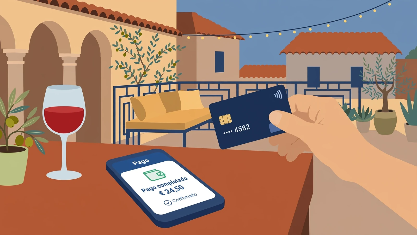 Mano con tarjeta y móvil mostrando app de pago