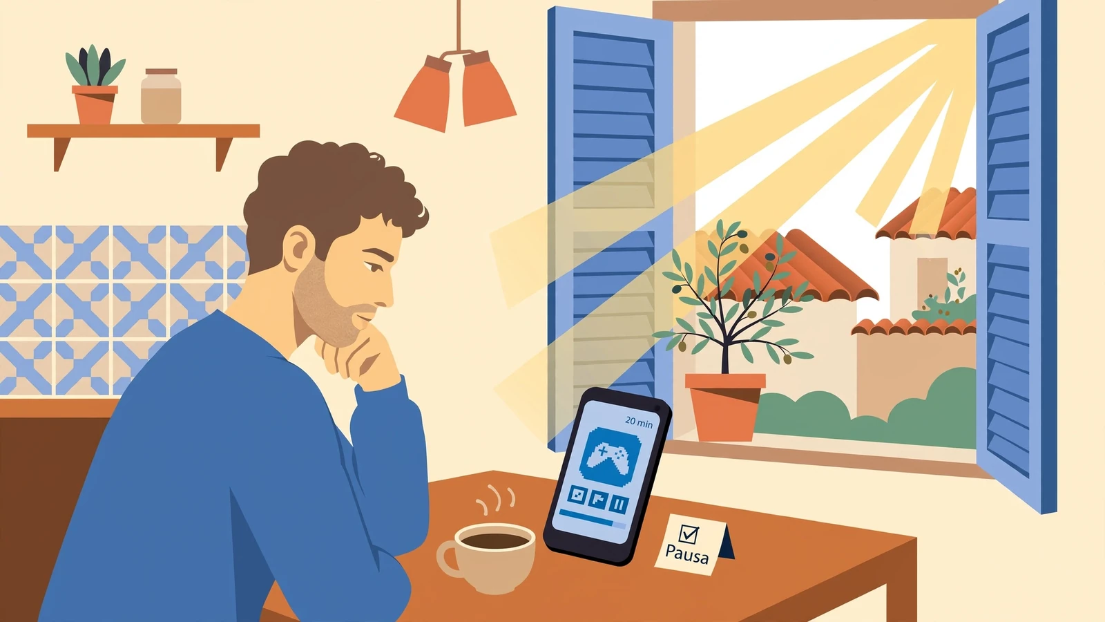 Adult en casa española, luz de sol, smartphone y taza de café.