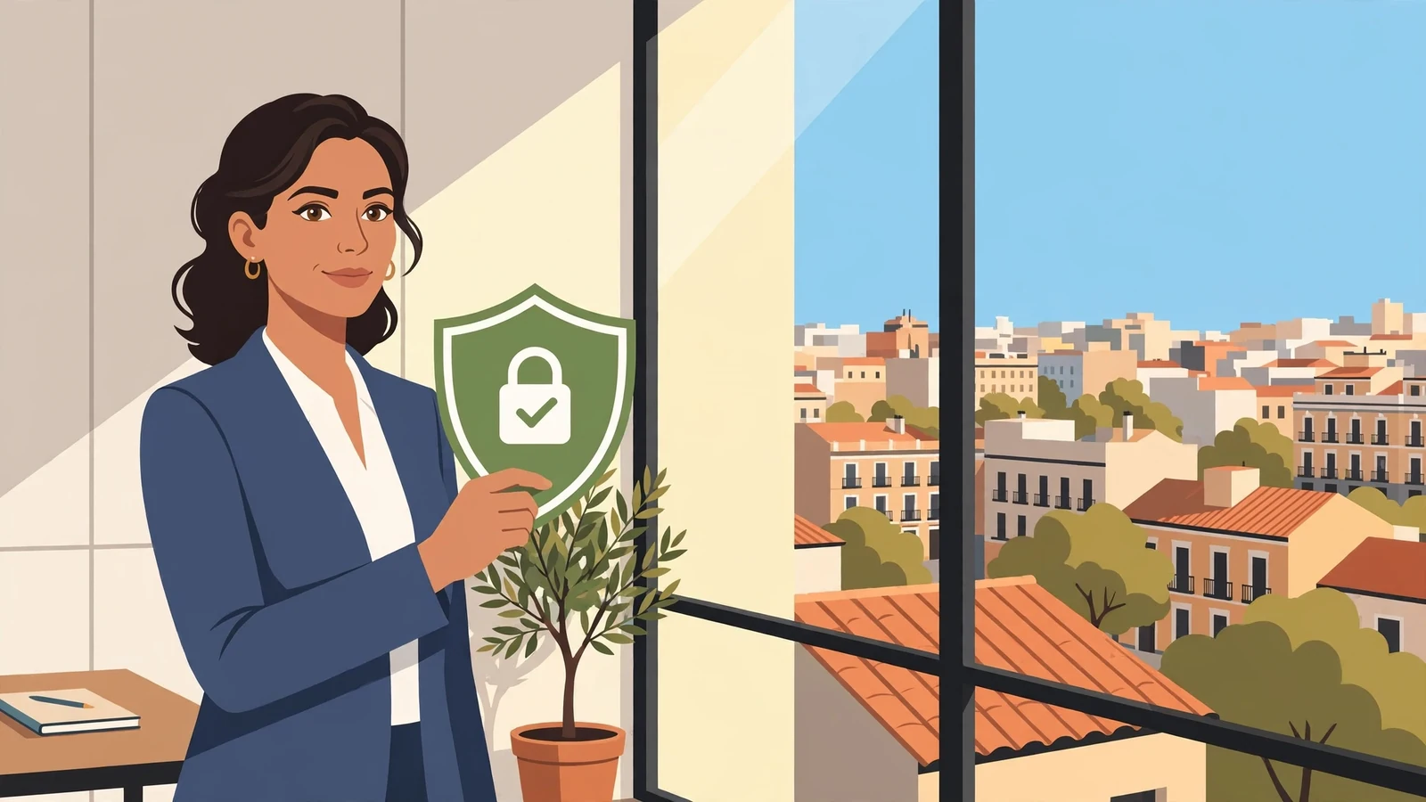 Mujer española protege datos frente a ventana de Madrid