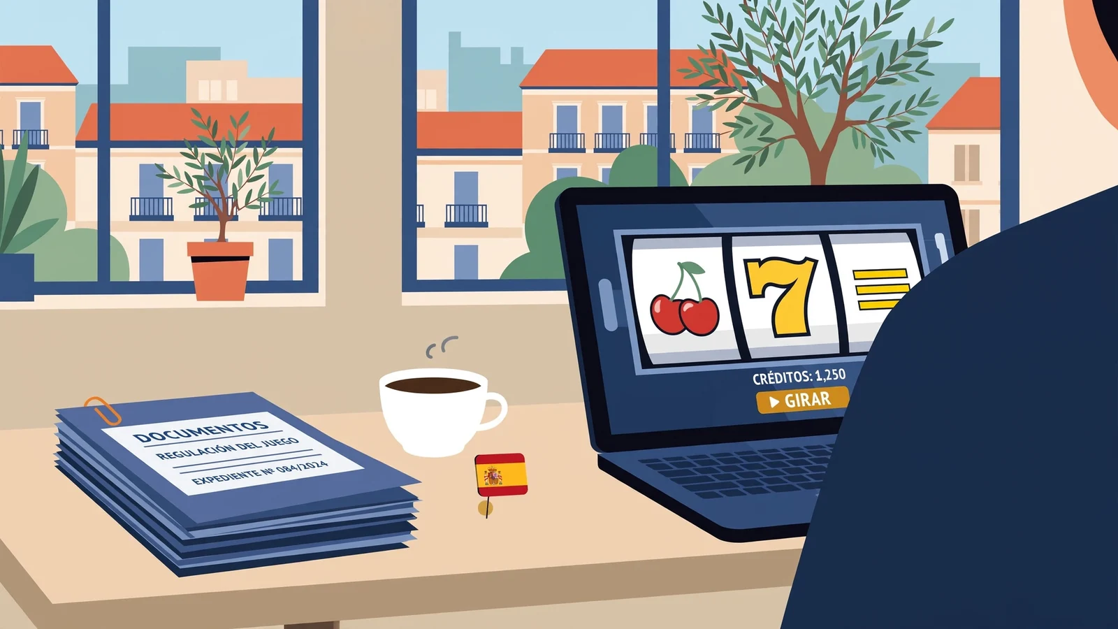 Escritorio en oficina madrileña con documentos y laptop de casino