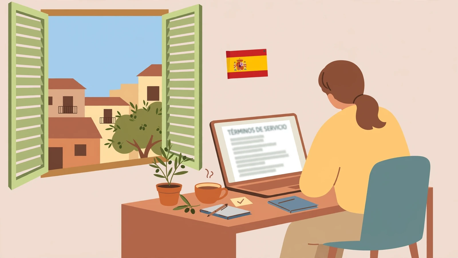 Escena de oficina española con laptop y taza de café