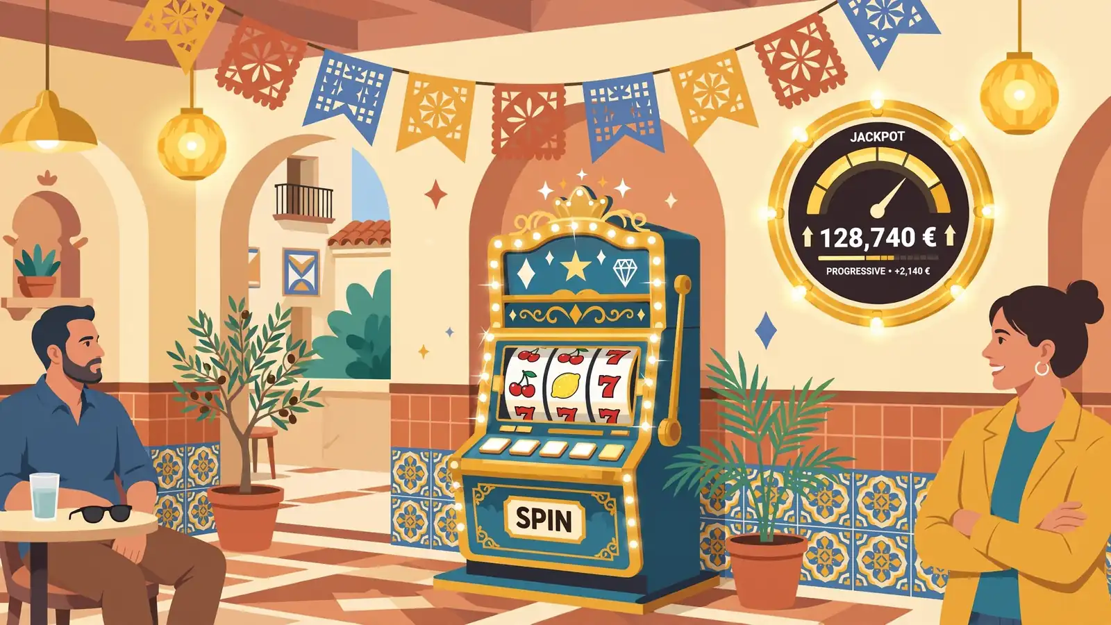 Máquina tragamonedas brillante en casino español con luces doradas
