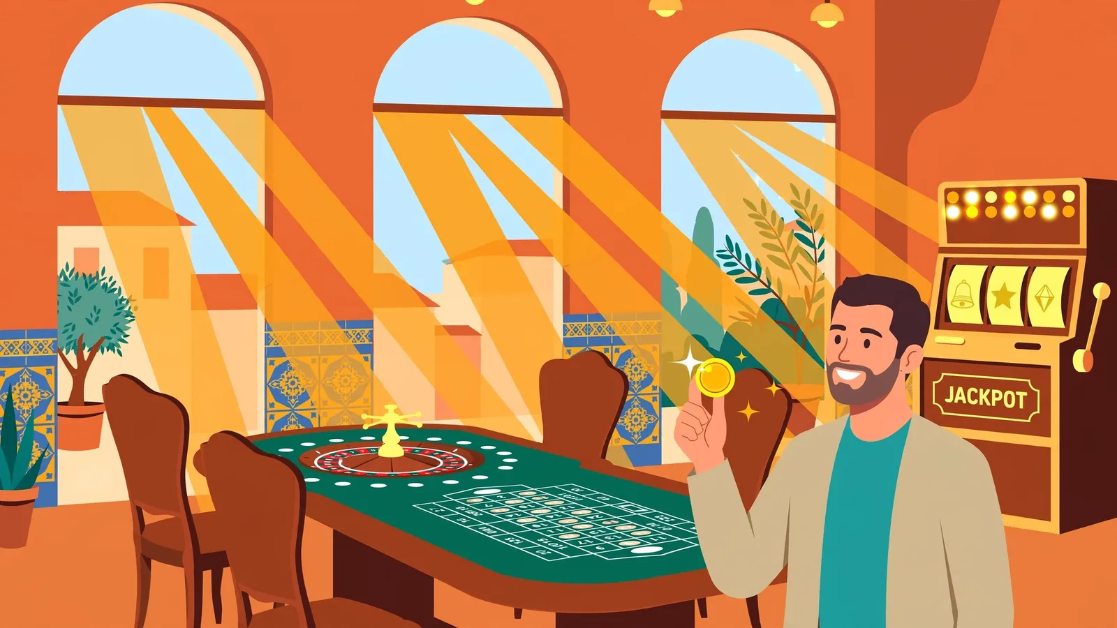 Casino español con luz dorada, ruleta y máquina tragamonedas brillante