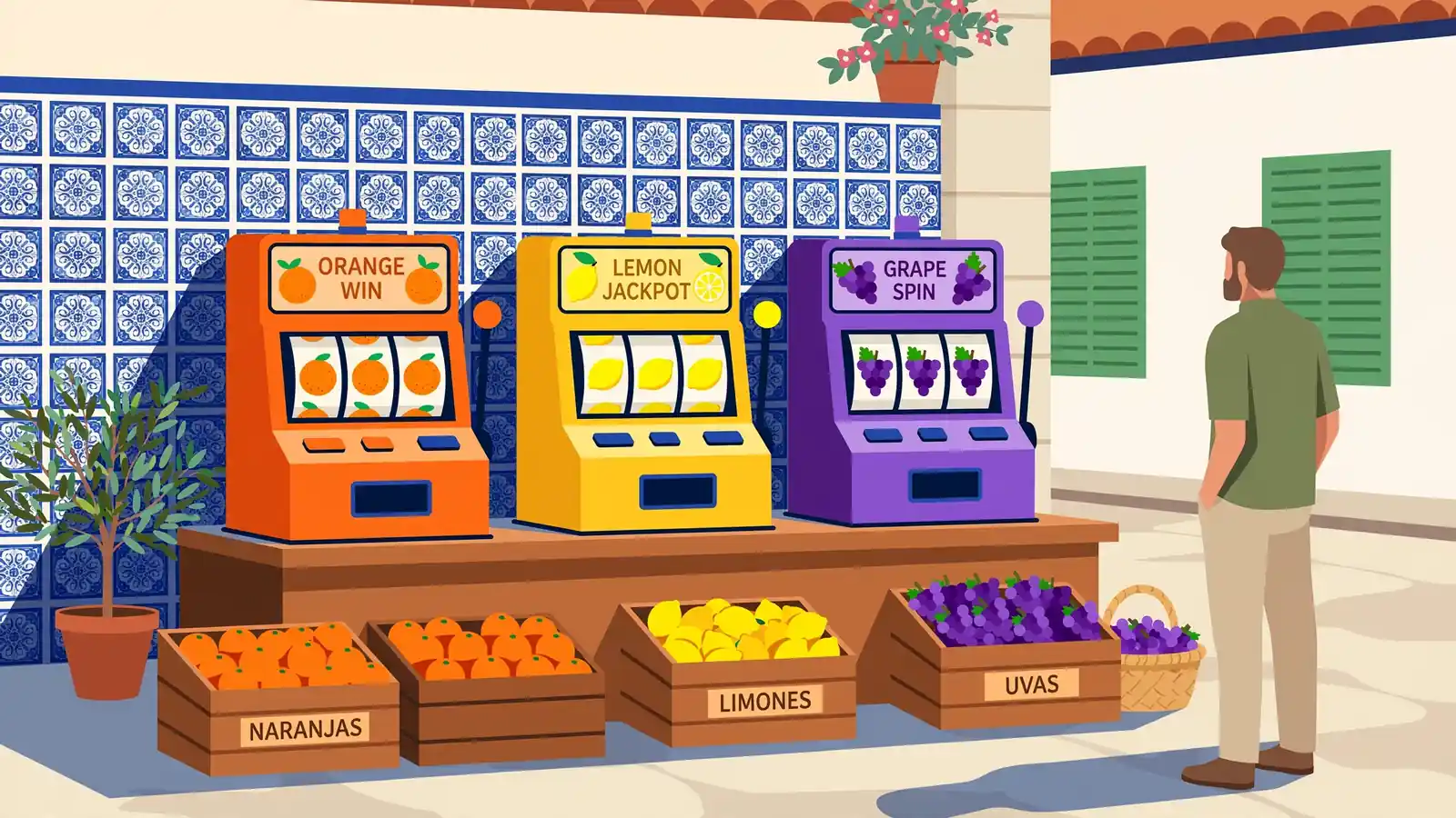 Máquina tragamonedas de frutas en mercado español bajo luz solar.